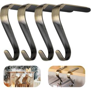 Christmas Stocking Holders for Mantle Set of 4, Heavy Duty Damage Free Stocking Hangers with Non-Slip Strips Mantle Fireplace Stocking Hooks for Christmas Party Decoration Bronze