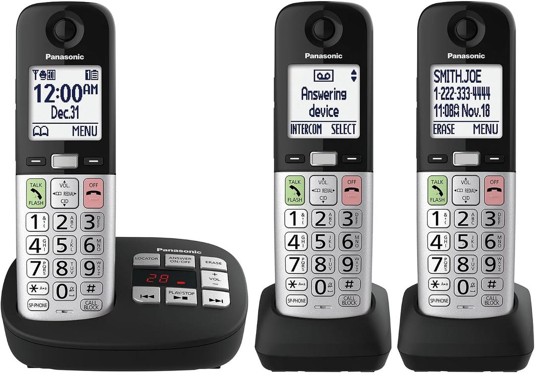 Panasonic Cordless Phone, Easy to Use with Large Display & Big Buttons, Flashing Favorites Key, Flashlight, Call Block, Volume Boost, Talking Caller ID, House Phones, 3 Handsets - KX-TGU433B