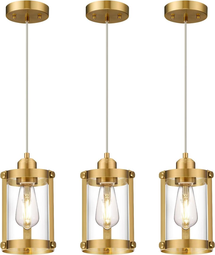Brushed Gold Pendant Lights Kitchen Island 3 Pack, Modern Kitchen Pendant Lighting Over Island with Clear Glass, Farmhouse Brass Mini Hanging Light for Kitchen Sink Dining Room, OS-3014-3PBGC