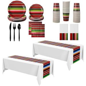 Oudain 162 Pcs Mexican Party Decorations 2 Mexican Serape Tablecloth Dia De Los Muertos Rectangular Mexio Party Plates Serape Napkins Fiesta Theme Dinnerware Set(White Background)