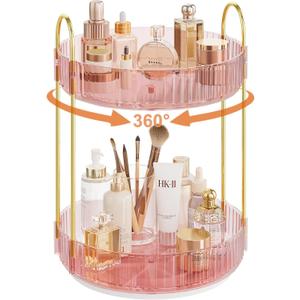 Rotating Makeup Organizer Countertop,Skincare Organizers,Spinning Perfume Tray Stand,Makeup Storage Organizer for Vanity,Bathroom Organizer and Storage,Lazy Susan,2 Tier,Pink