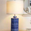 JUNNAI 24.5" Navy Blue Table Lamp Modern Bedside Ceramic Lamps for Living Room 3-Way Dimmable Entryway Nightstand Farmhouse Lamp for Home Office Bedroom, Bulb Included