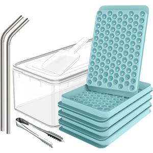 4x104 pcs Tiny Ice Cube Tray for Freezer - 0.55" Round Ice Cube Mold - Pebble Ice Tray, 4 Trays with Bin, Scoop, Tong, 2x SS Straw - Crushed Nugget Ice Maker for Cocktails, Drinks, Whiskey, Coffee (Blue - 4 Pack Set)