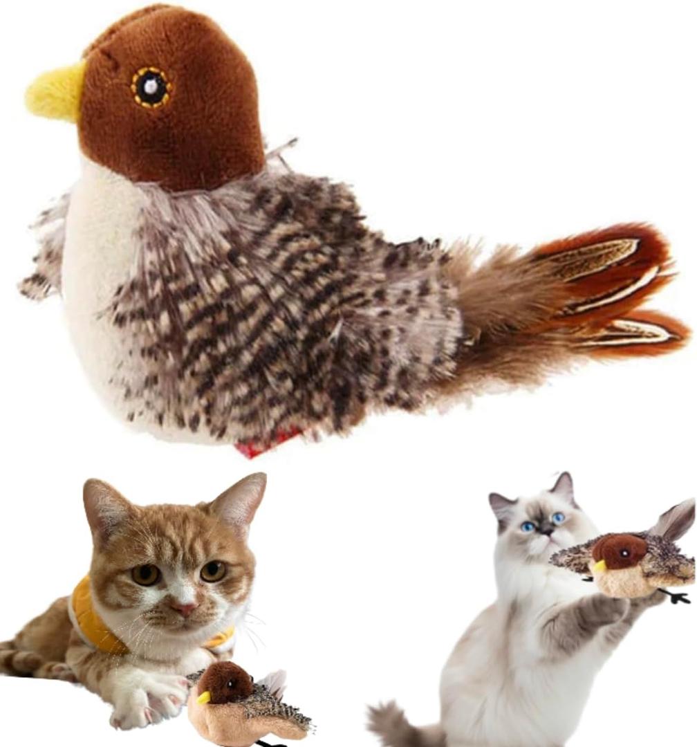 Chirping Bird Cat Toy Set,Automatic Interactive Flying Bird Toy for Cats with Flapping Wings and Realistic Sounds,Simulated Chirping Motion Activated Kitten Play Toy with Feather Tail for Cat Exercise
