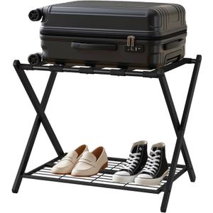Smuxee Fully Assembled Black Luggage Rack, Foldable Iron Suitcase Stand with 5 Nylon Straps, Luggage Holder with Shelf for Guest Room Bedroom Hotel