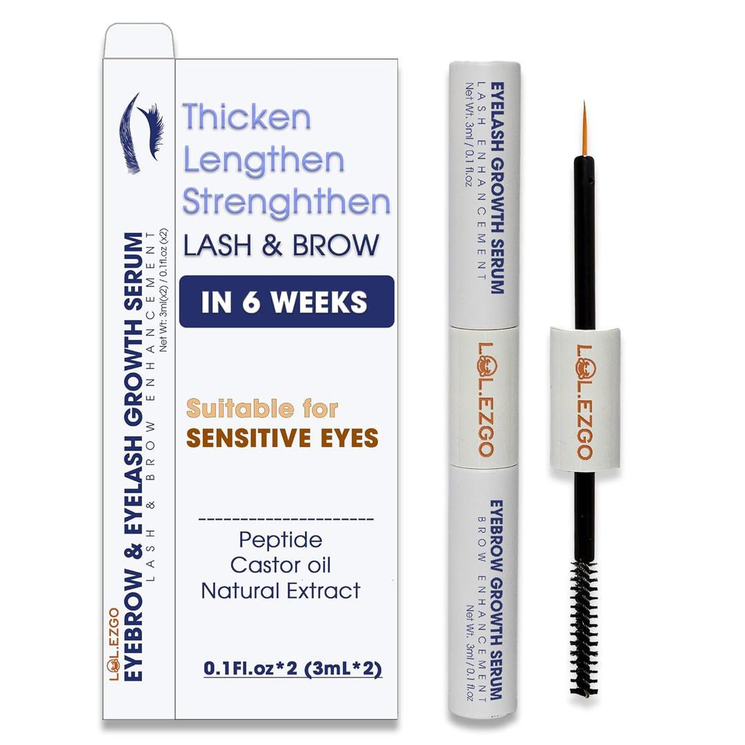 Eyebrow & Eyelash Growth Serum for Sensitive Eyes (2 in 1) - Peptide, Castor Oil & Natural Extract in Formula to Strengthen Thicken Lengthen Lash and Brow - 3mLx2 for 3 Months Supply