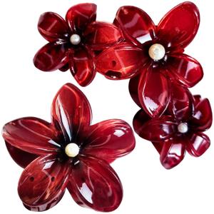 Wine Red Flower claw clips women girls,fancy hawaii flower hair clips,artificial pearls daisy decorative plumeria hair clips for thick or thin hair, Large Medium 2pc beach coquette hair accessories (Burgundy)