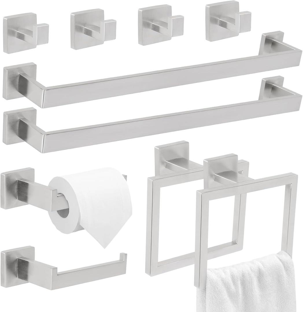 10 Pcs Silver Bathroom Hardware Accessories Set, 23.6 Inch Bath Towel Bar Kit with Towel Racks Ring and Hooks Paper Holder, 304 Stainless Steel Bathroom Hardware Set for Wall Mounted