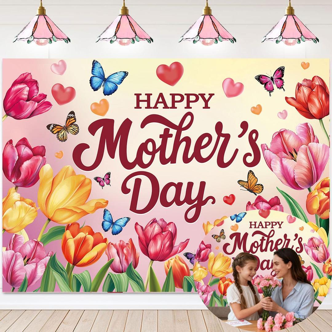 Happy Mother's Day Backdrop 7x5FT Tulip Butterfly Mothers Day Photography Background Best Mom Ever Party Decorations Supplies Photo Props