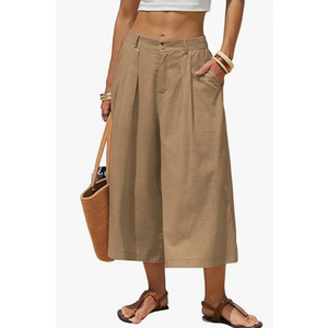 EXLURA Womens Linen Capri Pants Summer Wide Leg Palazzo Pant Cotton Dressy Casual Cropped Gaucho Pant Culottes with Pockets (XX-Large, Light Brown)