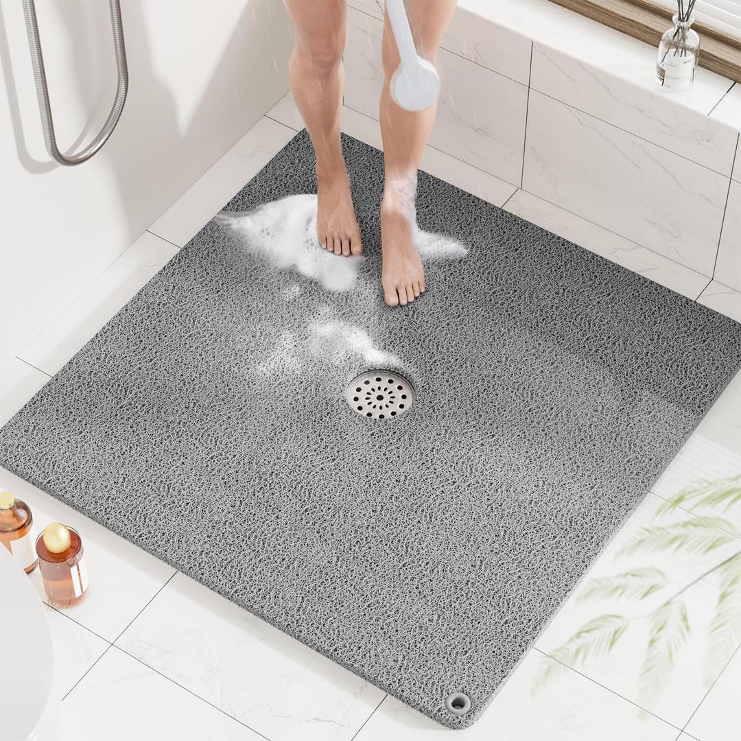 HITSLAM Shower Mat, 32x32 Inch Square Non Slip Bathtub Mat, Soft PVC Loofah Bath Mat for Tub with Hanging Holes, Quick Drying Shower Floor Mat, Without Suction Cups, Grey
