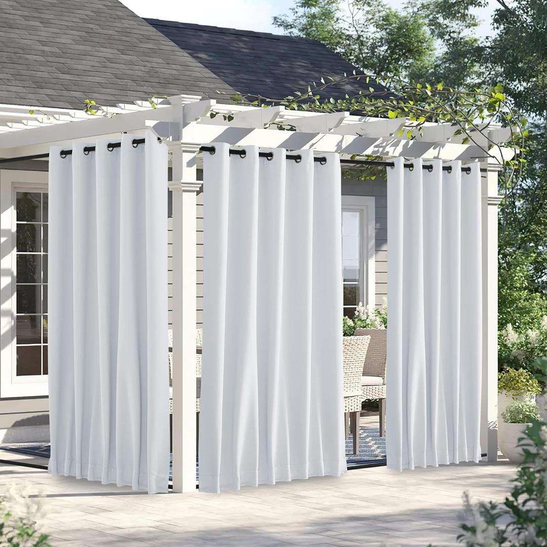 NICETOWN 2 Panels Outdoor Curtains Waterproof 90 inch Long for Patio, Windproof Top & Bottom Grommet & Back Tab Weighted Blackout Outdoor Drapes with Rope for Fixed, W66 x L90, Greyish White