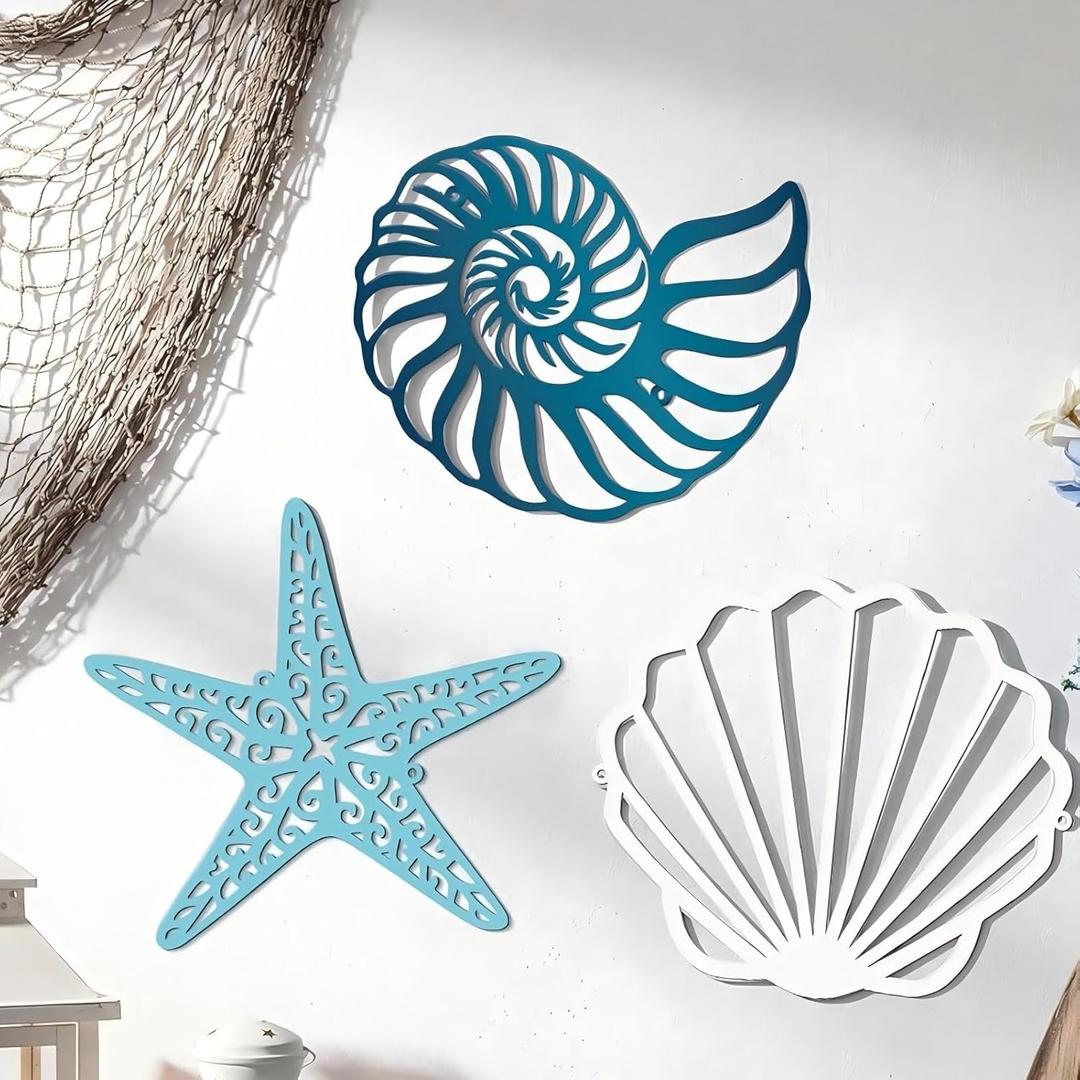 Pelopy 3 Pcs Coastal Metal Outdoor Wall Art Seashells Conches Starfish Wall Decor Ocean Nautical Theme Sign for Summer Beach Pool Yard Garden Lake House Home Bathroom Bedroom Decoration