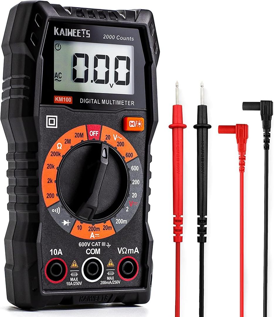 KAIWEETS Digital Multimeter with Case, DC AC Voltmeter, Ohm Volt Amp Test Meter and Continuity Test Diode Voltage Tester for Household Outlet, Automotive Battery Test (Anti-Burn with Double Fuses) (KM100)