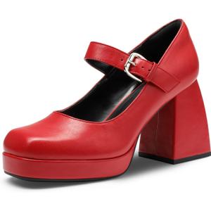DREAM PAIRS Women's High Chunky Platform Closed Toe Mary Jane Block Heels Square Toe Strappy Dress Wedding Party Pumps Shoes (9) Red