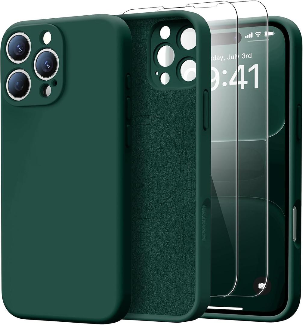 for iPhone 16 Pro Max Case with 2 Screen Protectors - Compatible with Magsafe - Upgraded Camera Protection - Liquid Silicone Protective Phone Case 6.9" for Men, Women,Girls - Forest Green