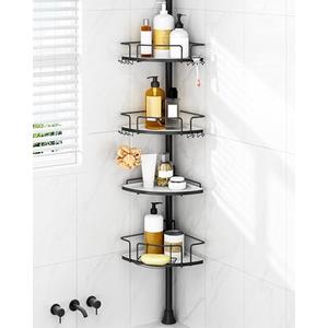 ALLZONE Corner Shower Caddy Tension Pole – Rust-Free Stainless Steel Shower Organizer with Adjustable Storage Shelves, Drill-Free Installation, Quick Setup, Extends from 34 to 116 Inches