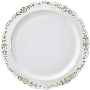 Kaya White With Gold Vintage Round Disposable Dinner Plates - 10" (Packs of 30), Stylish Design, Perfect For Any Occasion