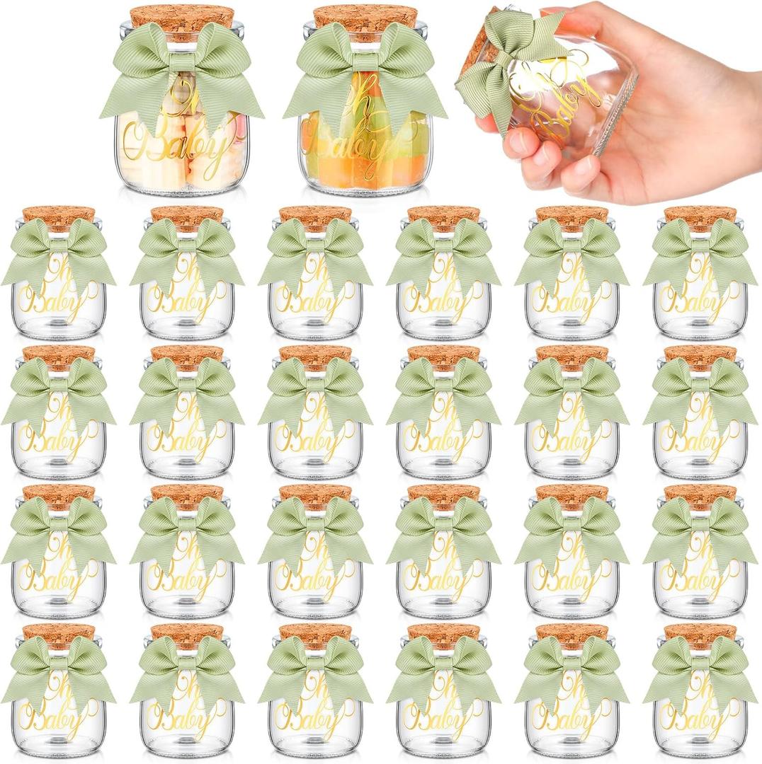 24 Sets Baby Shower Bottles Favors For Guests Glass 100ML, Milk Jar With Ribbons And Stickers Decorations For Gender Reveal Newborn Center piece Party Favor(Sage Green, Baby)