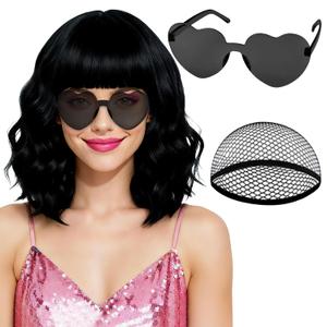 PLULON Black Wavy Bob Wig with Heart Sunglasses for Women, Colored Short Bob Shoulder Length Curly Wigs with Bangs Daily Hairpieces for Girls Everyday Hairstyle Photography Birthday Sisters Gathering