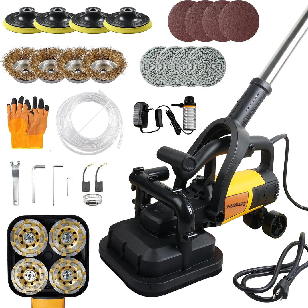 4-Head Concrete Grinder Set, 3800W Concrete Floor Grinder with Long Handle