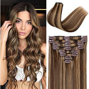 S-noilite Clip in Hair Extensions Human Hair Balayage Standard Weft Short Blonde Hair 100% Real Human Hair 8 Pieces 18 Clips Straight 13"-80g (#4/27 Medium Brown/Dark Blonde)