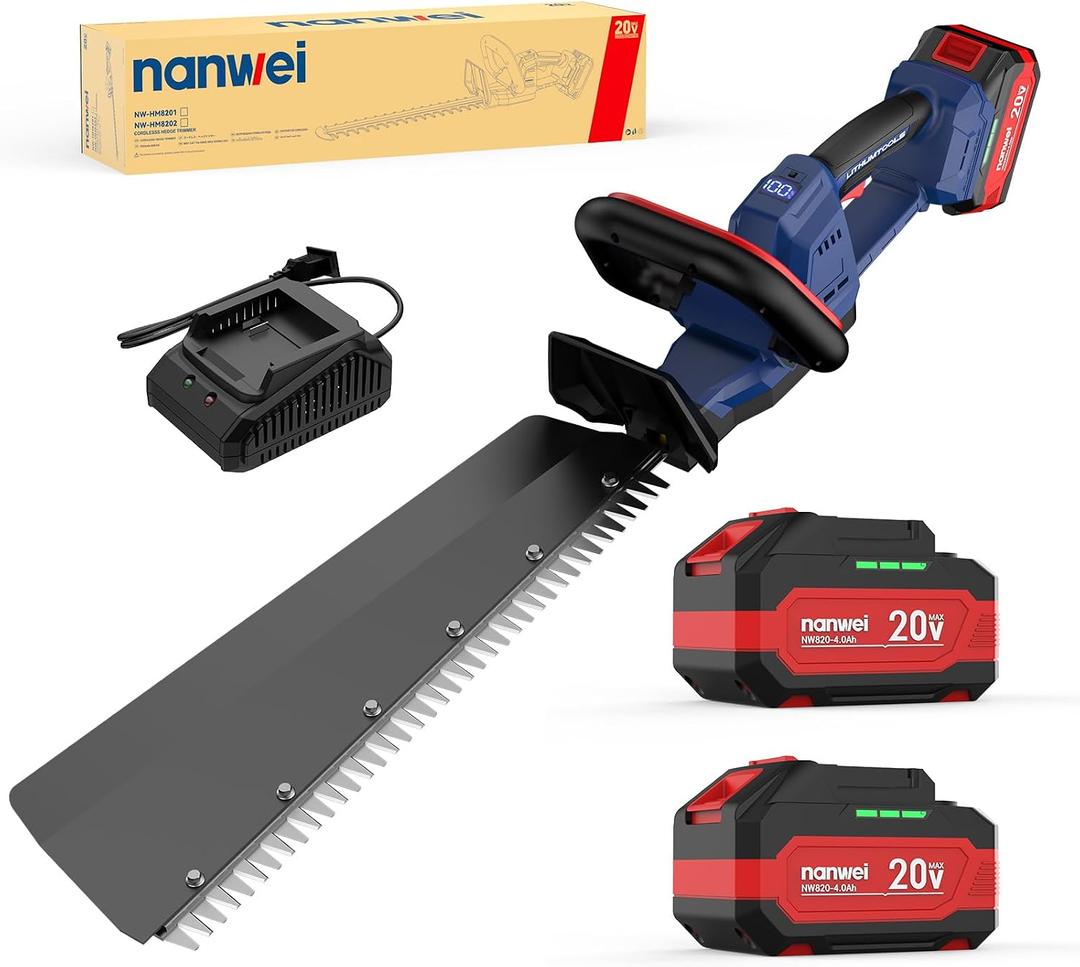 NANWEI 20" Cordless Hedge Trimmer, 2X 4.0Ah Battery, Dual-Action Blade Hedge Trimmer, 0.71" Blade Gap, 2 Variable Speed Electric Hedge Cutter for Garden, Bush, Yard Trimming