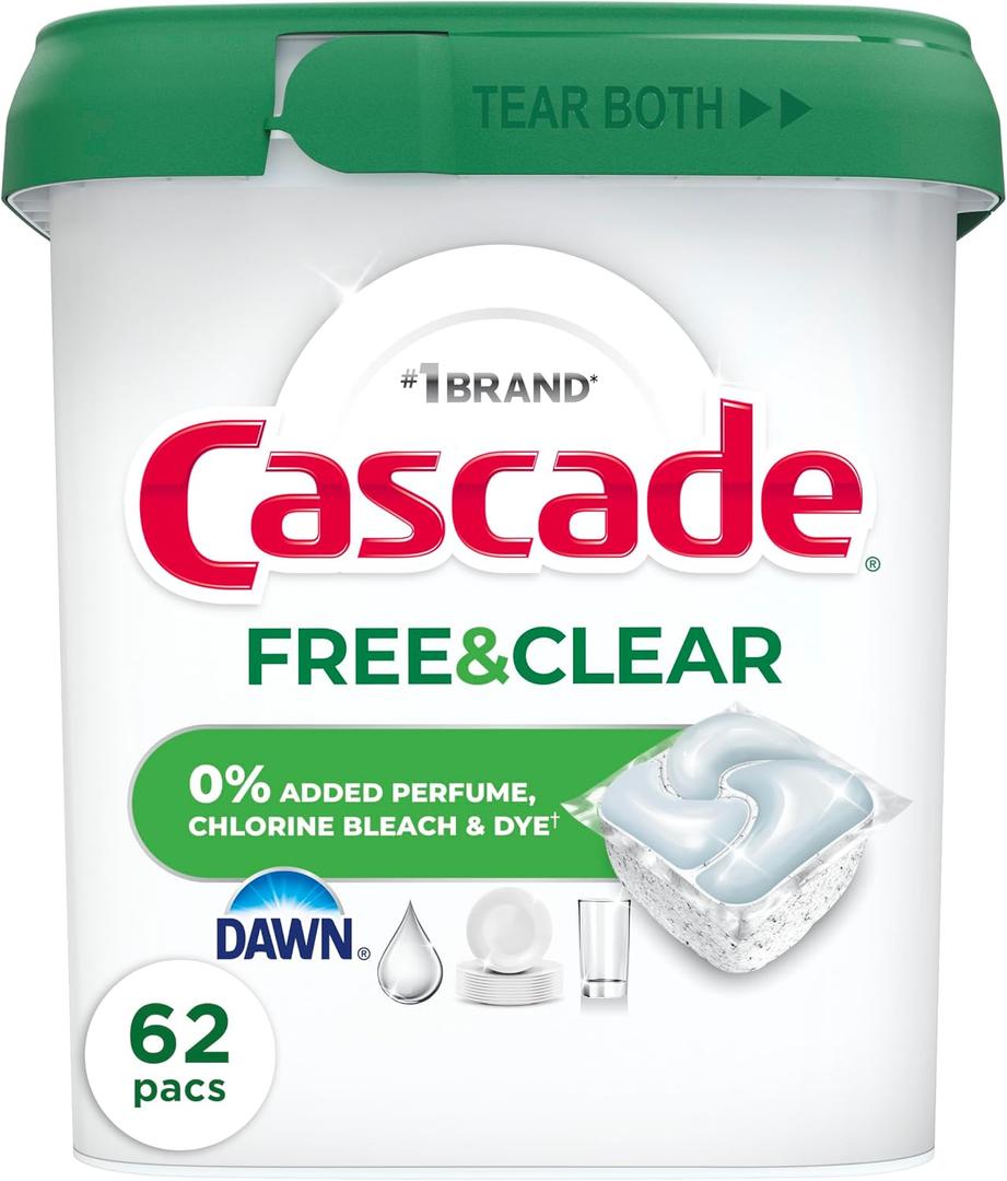 Cascade Free & Clear Dishwasher Pods, Dishwasher Detergent, Dish Detergent Soap, Unscented, 62ct