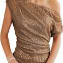 GRACE KARIN One Shoulder Sequin Sparkly Tops for Women Ruched Asymmetrical Glitter Tops Slimming Sparkle Party Shirts (Large, Brown)