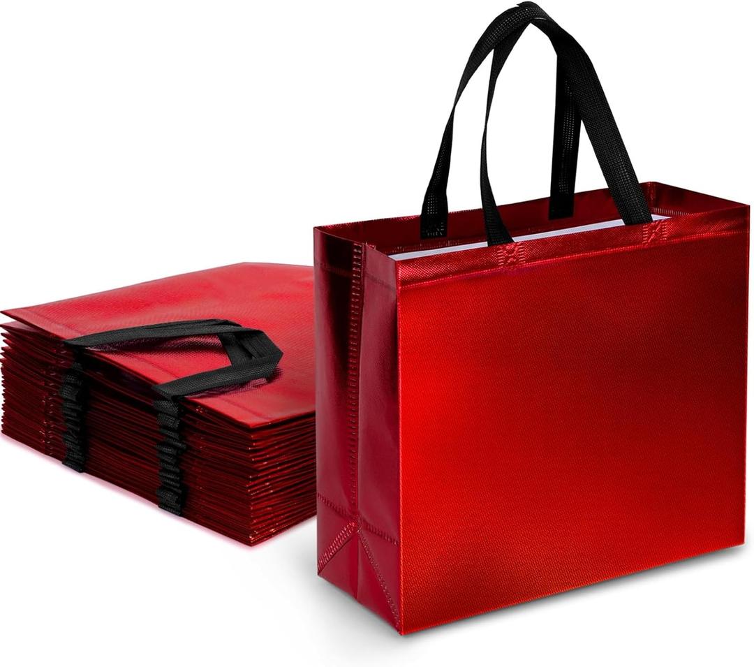 VGOODALL 15 Pack Reusable Gift Bags with Handles, 12.6x5x11 Inch Shiny Red Gift Bags for Christmas Party Favors, Birthdays Weddings, Packaging Supplies