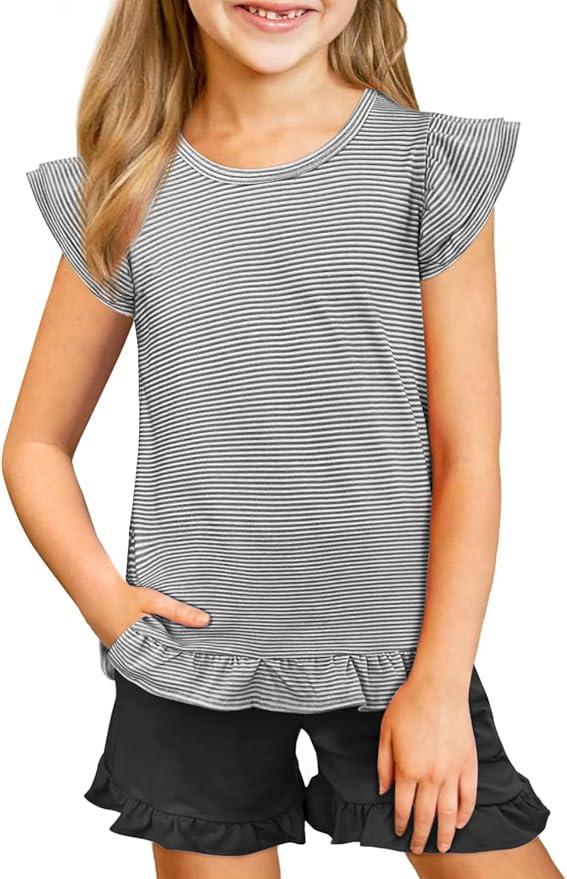 Yousify Girls 2 Piece Short Sets Kids Summer Outfit Flutter Sleeve Shirts Ruffle Short Sleeve Top and Shorts with Pocket (13-14 Years, Black)