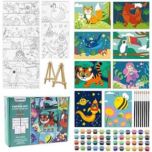 8 Packs Predrawn Canvas for Painting Kids Paint Canvas for Kids, 48 Paints, 8 Brushes 2 Easels, 8 6x8 Printed Canvas for Girls Boys and Beginners