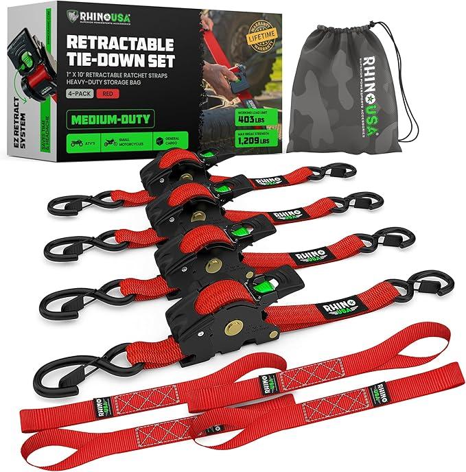 Rhino USA Retractable Ratchet Straps (4-Pack) - 1 Inch x 10 Feet (1,209lb Break Strength) - Heavy Duty Auto Self Retracting Tie Down Straps for Truck, Cargo Trailer, Motorcycle, Rad & More - Red