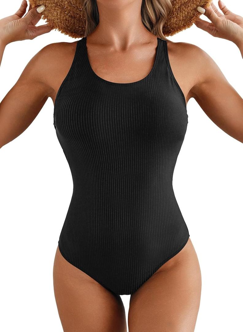 Herseas One Piece Swimsuit Women Slimming Tummy Control Bathing Suit Crisscross Back Athletic Modest Swim Suit 2026 (X-Large, Ribbed Black)