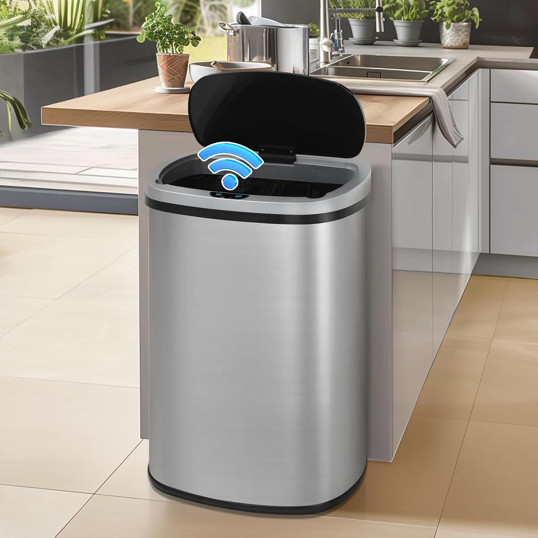 Dkeli 13 Gallon / 50L Kitchen Trash Can for Bathroom Bedroom Home Office Automatic Touch Free Stainless Steel High-Capacity Garbage Can with Lid Brushed Motion Sensor Waste Bin