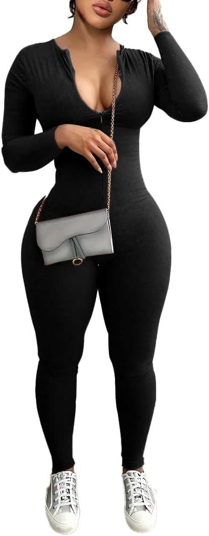 Mrskoala Women Long Sleeve Bodycon Jumpsuit One Piece Zip Up Romper (Medium, Black)
