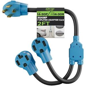 Elecan 30 Amp Dryer/EV Y Splitter Adapter Cord, 4 Prong NEMA 14-30P to 2X 14-30R for Power Extension Outlet Plug & Level 2 EV Charging Tesla, Heavy-Duty, STW, Waterproof, 10 AWG 125/250V-ETL-Blue-2FT