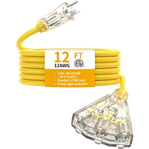 12FT 12 Gauge Heavy Duty Outdoor Extension Cord Waterproof with 3 Outlets Splitter & Lighted End, SJTW 15A 1875W 3 Prong Weatherproof Electric Cable Multi-Plug 3 way Power Cord, ETL Listed for Outside