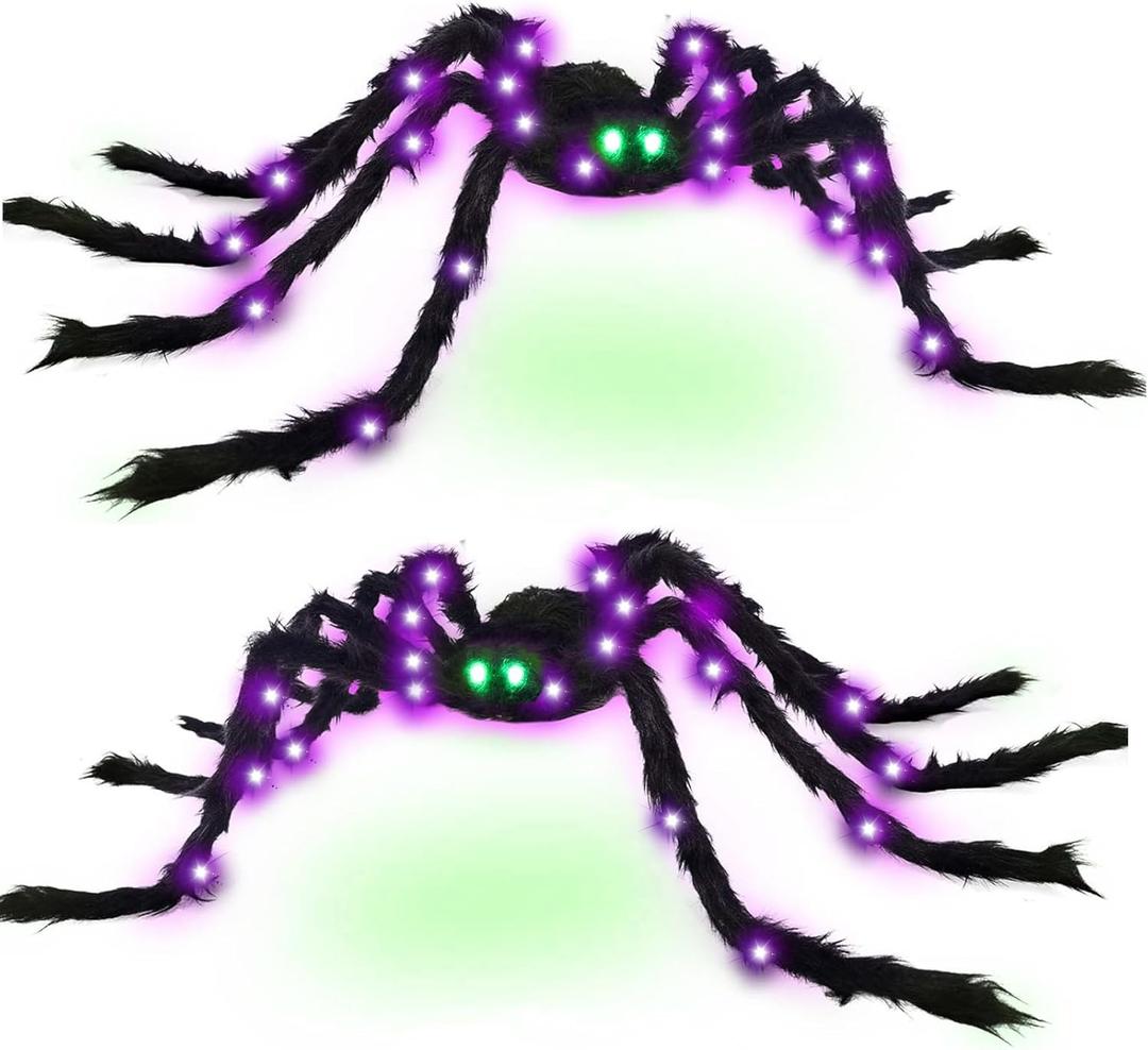 Halloween Spider Decorations 4ft Light Up Giant Spider(2 Pack) with Green Lighted Eyes for Indoor Outdoor Halloween Decorations Yard Party House Dcor