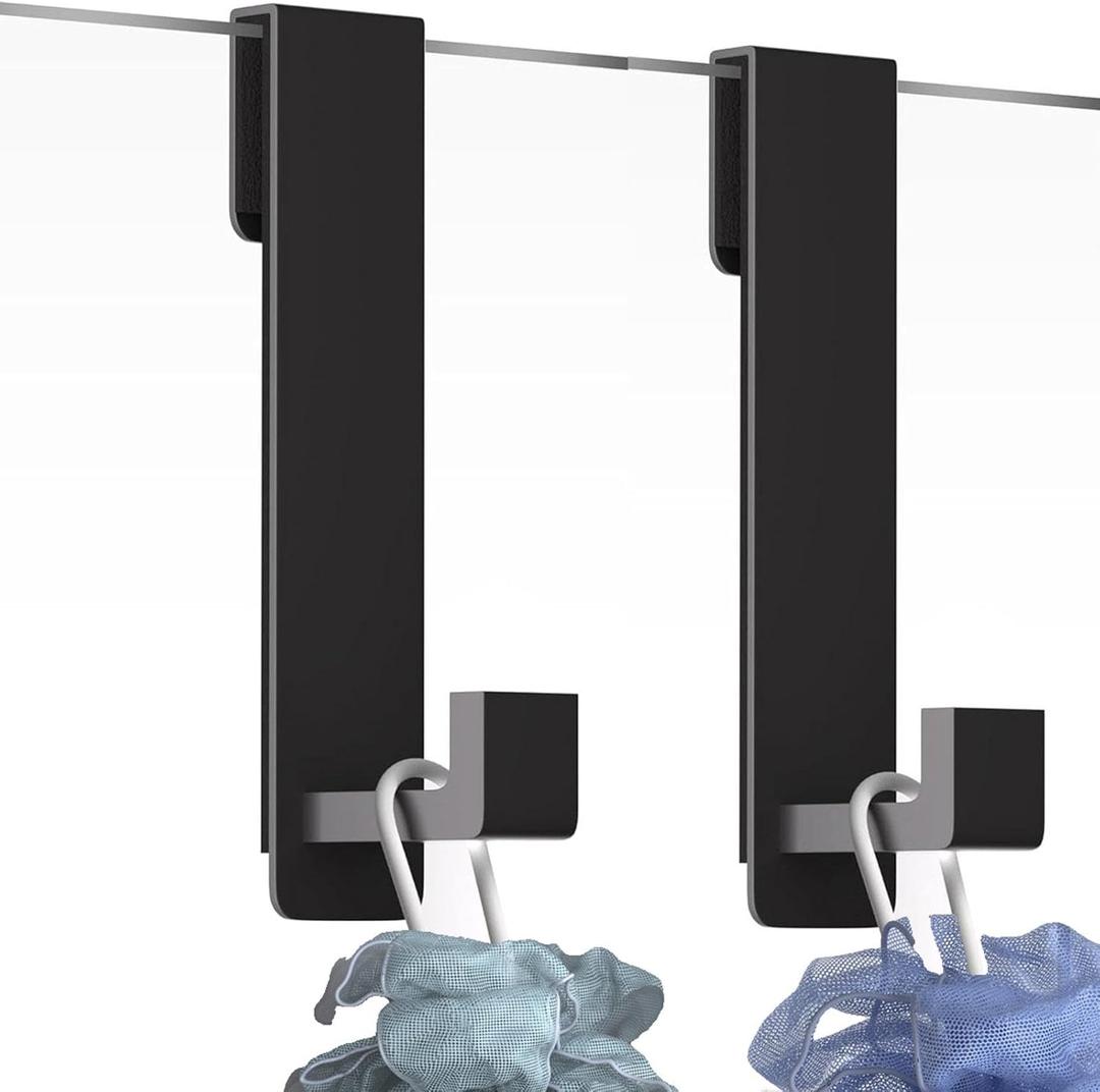 Shower Door Hooks, Heavy Duty Rack Hooks for Robe, Stainless Steel Towel Hooks for Bathroom, Fits Frameless Glass Shower Doors up to 3/8" (10mm) Thick (Black, 2 Pack)