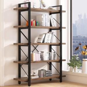 5-Tier Bookshelf Large Etagere Book Shelves,Industrial Style Bookcase and Book Shelves,Open Large Real Wood Bookshelfs,Retro Brown for Living Room Office, Retro Brown (LZ01-5tier-PLUS)