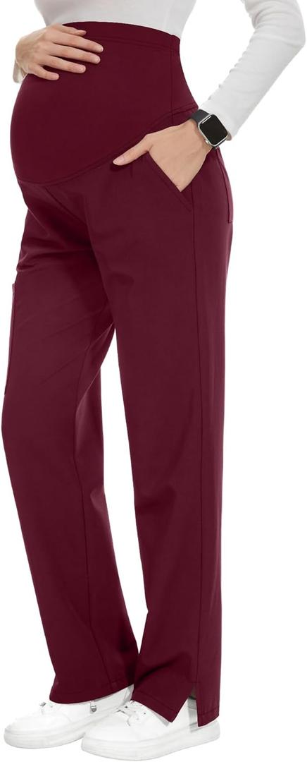 POSHGLAM Women's Maternity Scrubs Pant 6-Pocket Stretchy Comfy Workwear Casual Pregnancy Pants(New Burgundy, Small)