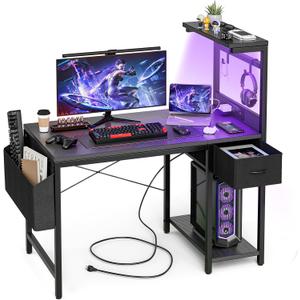 Gaming Desk 40 Inch with Power Outlet and LED Light, Computer Desk with Reversible Shelves and Storage Drawer, Pc Small Desk for Home Office Table with Bag, Carbon Fiber Black