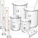 Feekoon 10 Pieces Glass Measuring Beaker and Graduated Measuring Cylinder with Stirring Rod 50/100/ 250/500/ 1000 ml Thick Glass Beakers and 5/10/ 50/100 ml Graduated Cylinders for Science Lab