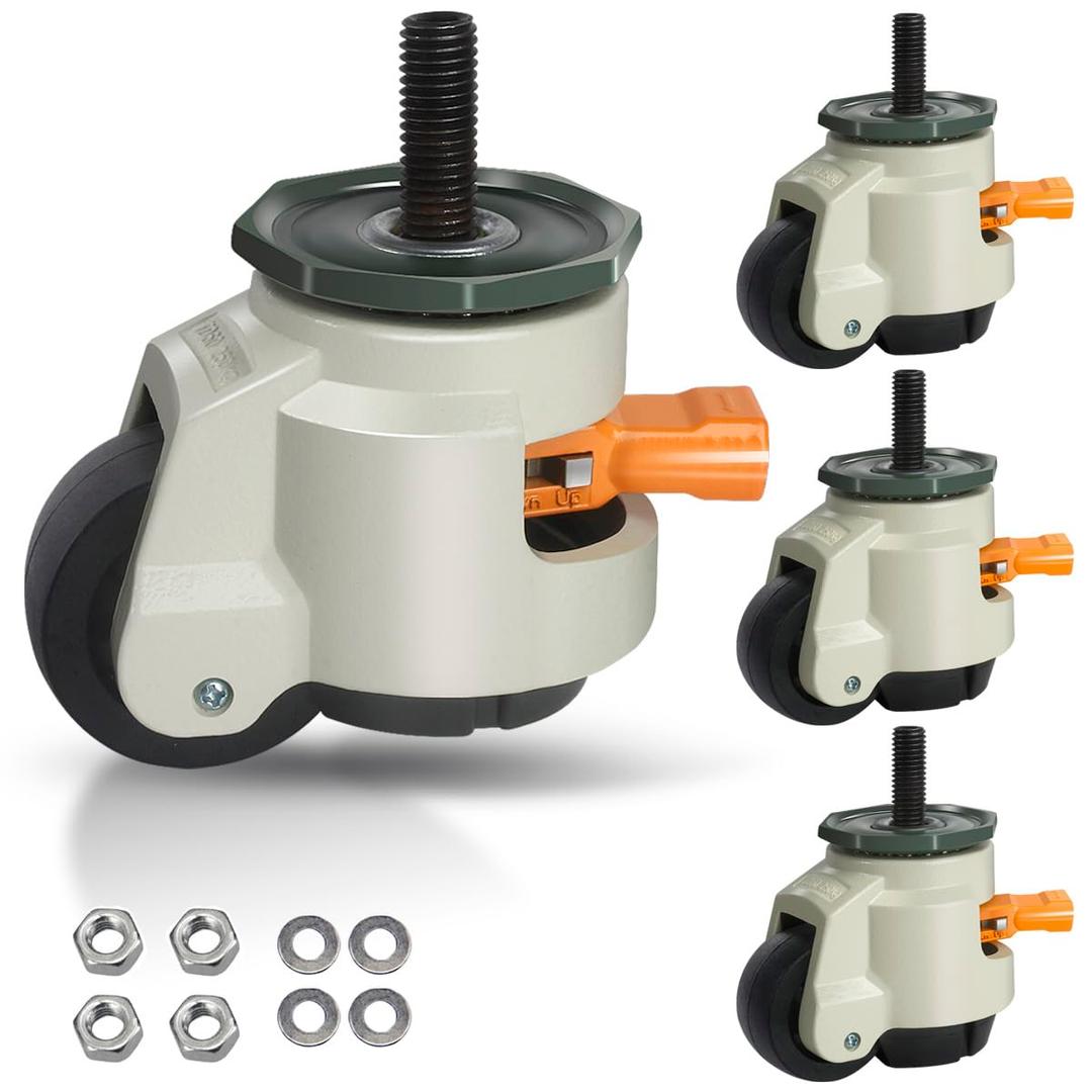 Leveling Stem Casters, M12 Thread Casters Set of 4 Heavy Duty with Leveling feet, 2200 LBS Retractable Caster Wheels with Upgraded Ratchet Arm, Adjustable Height Casters for Workbench, Machine