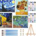 ARTISTKISS 4 Pack Paint by Numbers for Adults with Framed Canvas - with Wooden Easel,Van Gogh Paint by Number on Canvas, DIY Acrylic Oil Painting Kits with Brushes for Home Wall Decor 8x12in (MT0019)