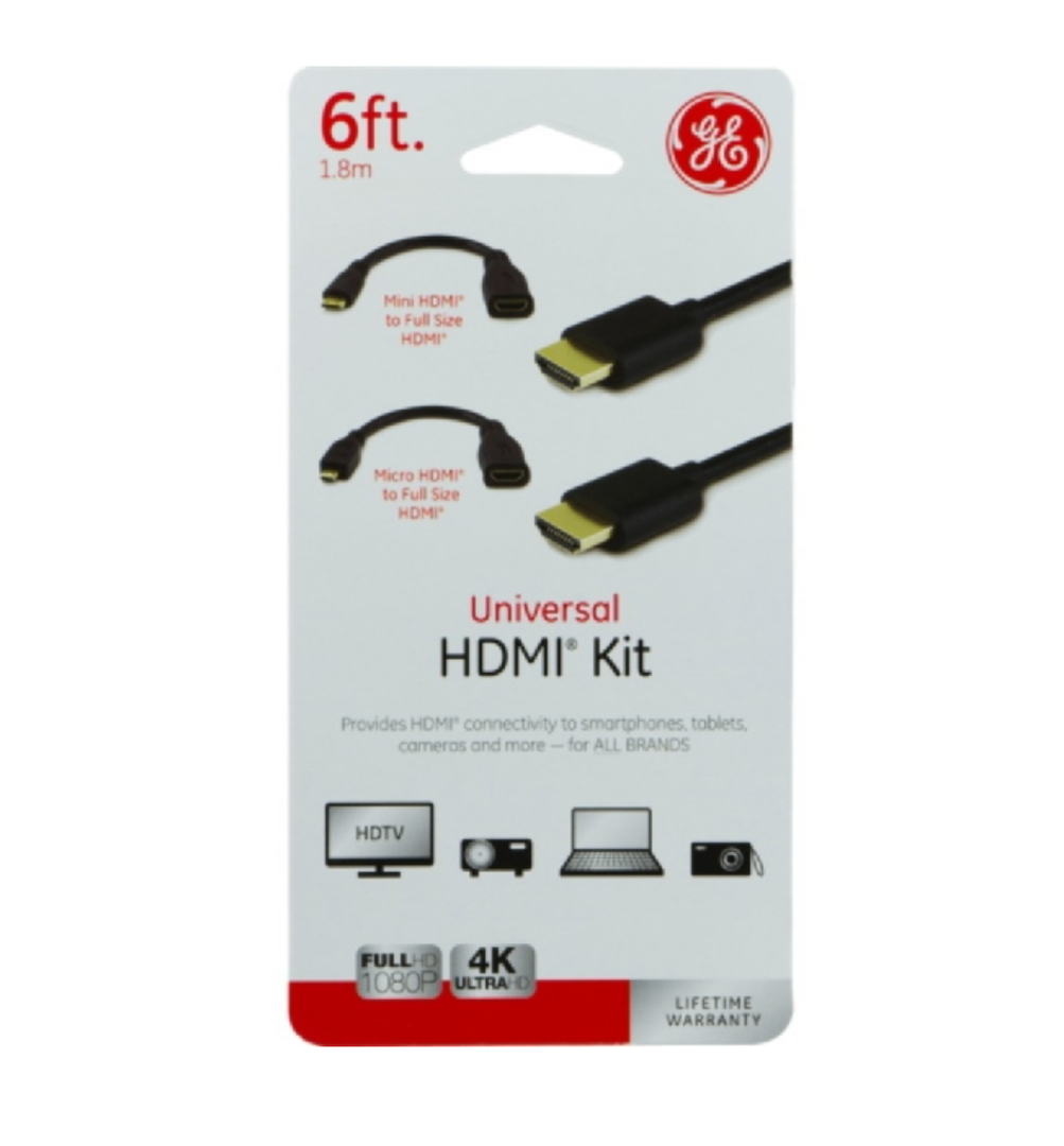GE 33584 Universal HDMI Kit, Male, Male, 6 ft L