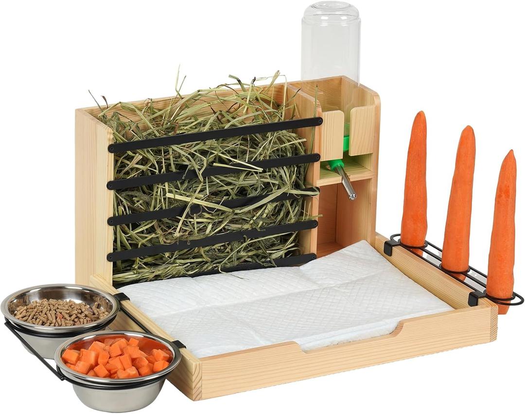 Rabbit Hay Feeder, 4 in 1 Wood Guinea Pig Hay Feeder Bunny Hay Holder with Litter Box 500ml Water Bottle 2 Food Bowl Small Animals Stuff for Cages for Chinchillas Hamster Dwarf Rabbit Ferrets