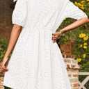 Dokotoo Summer Dresses for Women 2026 Tie Front V Neck Short Puff Sleeve Hollow Out Lace Wedding Guest Dress (White, L)