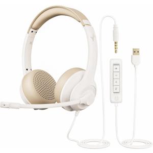 USB Headset with Microphone for PC, On-Ear Computer Laptop Headphones with Noise Cancelling Mic in-line Control for Home Office Online Class Zoom (USB+3.5mm, White)